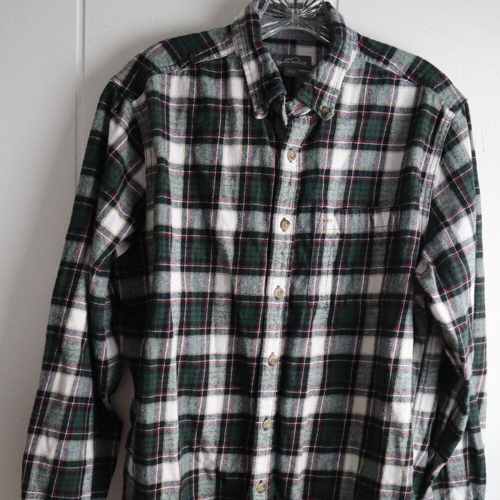 Eddie Bauer Womens White Green Red Tan Plaid Flannel Button Down Shirt